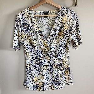 Ann Taylor blouse, navy and gold pattern, medium, peplum top, v-neck.